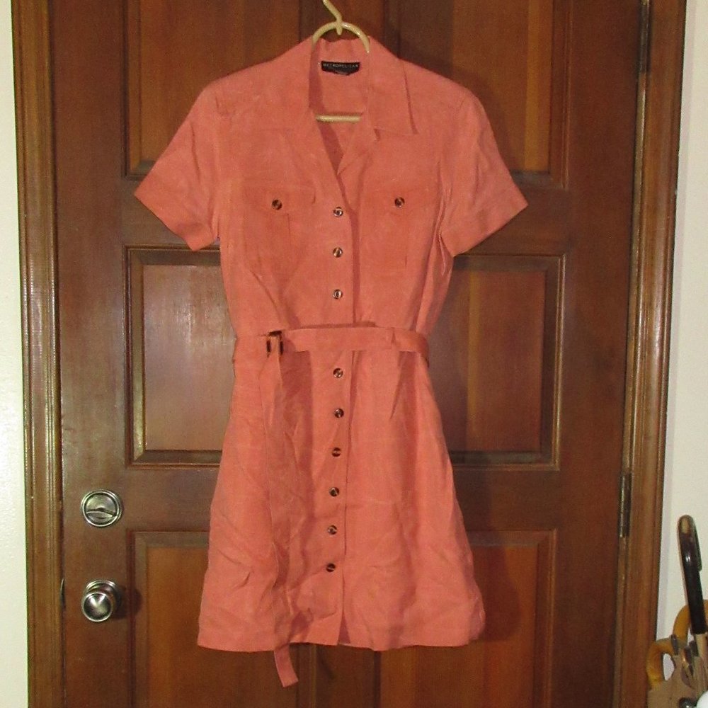 Size 4 Salmon Belted Short Sleeve Pocket Dress